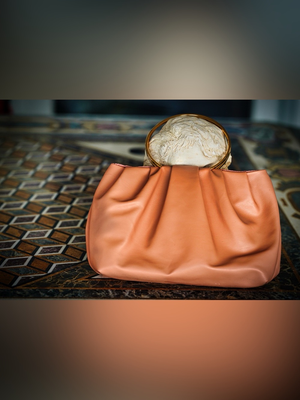 Chic Peach/Salmon Faux Leather Ruched Clutch Bag with Gold Ring Handle